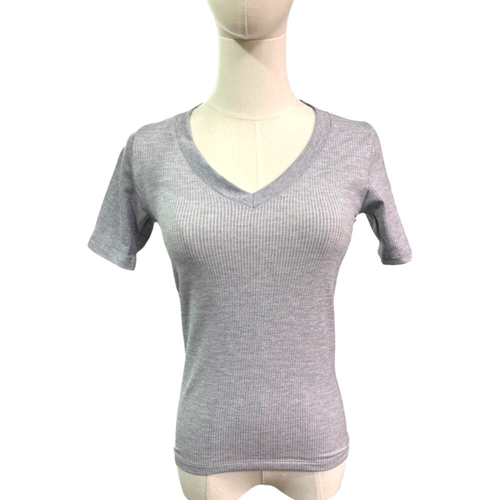 Athleta Renew Ribbed V-Neck Tee Gray XS Women’s Fitted Short Sleeve Shirt